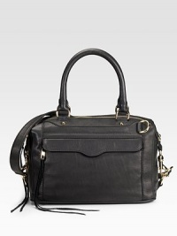 This structured shape in fine leather with subtle goldtone accents, will become a city girl classic.Double top handles, 6 drop Shoulder strap, 14 drop Top zip closure One outside flap and zip pocket Protective metal feet One inside zip pocket Three inside open pockets Cotton lining 13W X 9H X 7D Imported