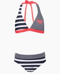 No need to read between the lines, this striped halter-style two-piece from Roxy is certain to become a favorite in her wardrobe. No need to read between the lines, this striped halter-style two-piece from Roxy is certain to become a favorite in her wardrobe.