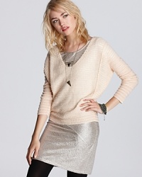 Layer on style with this Free People sweater, with dolman sleeves and a classic v neckline. A textured knit stripe is the perfect way to bulk up winter ensembles. Layer on style with this Free People sweater, with dolman sleeves and a classic v neckline. A textured knit stripe is the perfect way to bulk up winter ensembles.