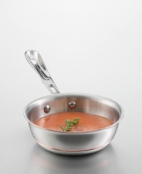 This 1-quart saucier offers superb heat conductivity and distribution. You won't get hot spots, so food cooks evenly. Stainless steel exterior layer with a band of copper for accent. The pan has a copper core surrounded by two layers of aluminum and a stainless steel cooking surface. Polished stainless steel handle stays cool during cooking and is secured with sturdy, non-corrosive rivets. Hand wash, as dishwasher use will deteriorate the pan's exterior beauty. This 1-quart saucier offers superb heat conductivity and distribution. You won't get hot spots, so food cooks evenly. Stainless steel exterior layer with a band of copper for accent. The pan has a copper core surrounded by two layers of aluminum and a stainless steel cooking surface. Polished stainless steel handle stays cool during cooking and is secured with sturdy, non-corrosive rivets. Hand wash, as dishwasher use will deteriorate the pan's exterior beauty.