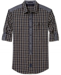 Long sleeve? Short sleeve? Sport shirt? Dress shirt? How about all of the above? With its buttoned tabs for roll-up styling, contrast placket, and epaulet-look shoulders, this checked shirt from Sean John is meant for a man who can't seem to stay in any conventional category. Long sleeve? Short sleeve? Sport shirt? Dress shirt? How about all of the above? With its buttoned tabs for roll-up styling, contrast placket, and epaulet-look shoulders, this checked shirt from Sean John is meant for a man who can't seem to stay in any conventional category.