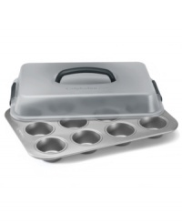 Stash & share. This covered cupcake pan makes it easy to bake your favorite treats and then take them straight to your favorite friends. Crafted from heavy-gauge steel, the covered pan features an innovative interlocking 2-layer nonstick finish that is easy to clean up and quick to release. Lifetime warranty. Stash & share. This covered cupcake pan makes it easy to bake your favorite treats and then take them straight to your favorite friends. Crafted from heavy-gauge steel, the covered pan features an innovative interlocking 2-layer nonstick finish that is easy to clean up and quick to release. Lifetime warranty.