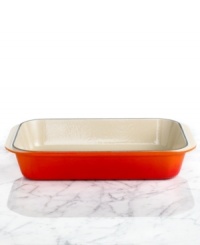 Roast and boast. It's all in good taste when you roast your meat or prepare a lasagna in this enameled ceramic pan. The wide, shallow shape exposes a maximum area of food to the heat source, whether it be all around heat in the oven, under the broiler or on the stovetop for frying. Limited lifetime warranty. Roast and boast. It's all in good taste when you roast your meat or prepare a lasagna in this enameled ceramic pan. The wide, shallow shape exposes a maximum area of food to the heat source, whether it be all around heat in the oven, under the broiler or on the stovetop for frying. Limited lifetime warranty.