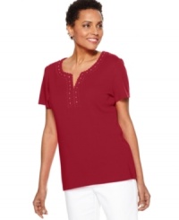 The classic cotton tee gets revamped, from Karen Scott. Skip the necklace -- the studded appliques at the neckline add the right dash of sparkle! The classic cotton tee gets revamped, from Karen Scott. Skip the necklace -- the studded appliques at the neckline add the right dash of sparkle!