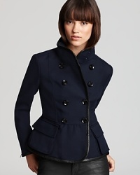 Master military-chic in an impeccably tailored Burberry Brit blazer. With a striking peplum hem and sleek leather trim, this luxe look is far from buttoned-up. Master military-chic in an impeccably tailored Burberry Brit blazer. With a striking peplum hem and sleek leather trim, this luxe look is far from buttoned-up.