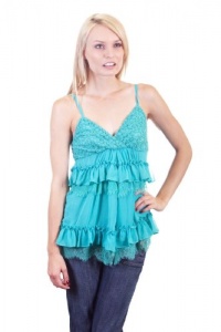 Ina Ruffled Lace Trim Chiffon Daisy Embroidered Netting Overlay Triangle Top Elastic Cinched Back Semi Sheer Peek a Boo Center Split Blouse Aqua Blue Small Ina Ruffled Lace Trim Chiffon Daisy Embroidered Netting Overlay Triangle Top Elastic Cinched Back Semi Sheer Peek a Boo Center Split Blouse Aqua Blue Small