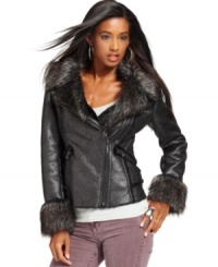 Chic faux-fur trim and distressed faux-leather makes this GUESS motorcycle jacket a hot pick for a fall topper!