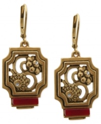 Style takes shape in this pair of earrings from T Tahari, part of the Deco Lace Collection. Crafted from gold-tone mixed metal, the earrings dazzle with glass crystal accents and a red stone adds a touch of elegance. Approximate drop: 1-5/8 inches. Style takes shape in this pair of earrings from T Tahari, part of the Deco Lace Collection. Crafted from gold-tone mixed metal, the earrings dazzle with glass crystal accents and a red stone adds a touch of elegance. Approximate drop: 1-5/8 inches.