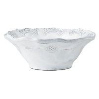 Handmade from Venetian terra marrone, or brown clay, this pretty white cereal bowl is embellished with a rustically feminine lace motif. Handmade from Venetian terra marrone, or brown clay, this pretty white cereal bowl is embellished with a rustically feminine lace motif.