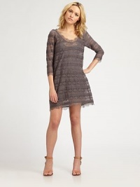 Delicate floral lace, semi-sheer and layered in a leg-baring mini shift.ScoopneckThree-quarter sleevesFlat frontScoopbackSlip includedAbout 19 from natural waist56% cotton/42% nylon/2% spandexDry cleanImportedModel shown is 5'9½ (176cm) wearing US size Small. Delicate floral lace, semi-sheer and layered in a leg-baring mini shift.ScoopneckThree-quarter sleevesFlat frontScoopbackSlip includedAbout 19 from natural waist56% cotton/42% nylon/2% spandexDry cleanImportedModel shown is 5'9½ (176cm) wearing US size Small.