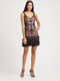 A playful feathered hemline adds intrigue to this prettily beaded silhouette.V necklineSleevelessAllover beadingOstrich feather hemlineConcealed side zipFully linedAbout 20¼ from natural waistNylonSpot cleanImportedModel shown is 5'10½ (179cm) wearing US size 4. A playful feathered hemline adds intrigue to this prettily beaded silhouette.V necklineSleevelessAllover beadingOstrich feather hemlineConcealed side zipFully linedAbout 20¼ from natural waistNylonSpot cleanImportedModel shown is 5'10½ (179cm) wearing US size 4.