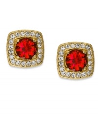 Paint the town red in this pair of stud earrings from Eliot Danori. Crafted from 18k gold-plated brass, the earrings sparkle with a red crystal and cubic zirconias (2 ct. t.w.). Approximate diameter: 1/2 inch. Paint the town red in this pair of stud earrings from Eliot Danori. Crafted from 18k gold-plated brass, the earrings sparkle with a red crystal and cubic zirconias (2 ct. t.w.). Approximate diameter: 1/2 inch.