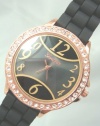 Geneva Black Rose Gold Numbers on Glass Silicone Crystal Large Face Watch