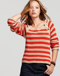 Rugby stripes lend a borrowed-from-the-boys sensibility to this Patterson J. Kincaid sweater, a look that moves from brunch to boutique-hopping with effortless style. Buttons at the shoulder lends cool, while ribbing lends on-trend texture. Rugby stripes lend a borrowed-from-the-boys sensibility to this Patterson J. Kincaid sweater, a look that moves from brunch to boutique-hopping with effortless style. Buttons at the shoulder lends cool, while ribbing lends on-trend texture.