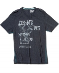 Sharp style. Shoulder epaulets and contrast piping along the sides of this shirt add a touch of the modern to the faded soft cotton of this t-shirt from DKNY Jeans. Sharp style. Shoulder epaulets and contrast piping along the sides of this shirt add a touch of the modern to the faded soft cotton of this t-shirt from DKNY Jeans.