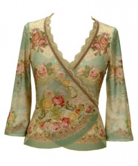 Light Blue Wrap Top by Michal Negrin with 3/4 Kimono Sleeves, Victorian Roses Motif, Scalloped Edge Lace and Velvet Trim; Handmade in Israel - Size M Light Blue Wrap Top by Michal Negrin with 3/4 Kimono Sleeves, Victorian Roses Motif, Scalloped Edge Lace and Velvet Trim; Handmade in Israel - Size M