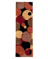 Abstract and absorbing, this rug features a multi-circle pattern in lavender, terra cotta, black, peach and burgundy. Reminiscent of modern art paintings, it adds striking modernity and grace to your home. Hand-tufted and hand-carved of plush wool. Abstract and absorbing, this rug features a multi-circle pattern in lavender, terra cotta, black, peach and burgundy. Reminiscent of modern art paintings, it adds striking modernity and grace to your home. Hand-tufted and hand-carved of plush wool.