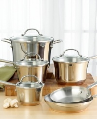 A complete set of dependable cookware from a name you know and trust. This 10-piece set is designed with an innovative combination of heat-responsive copper and durable stainless steel for optimum cooking and cleaning results. Tempered glass lids allow you to monitor foods and lock in flavors and nutrients for tender, tastier creations. Set includes: 1.25, 2.5 and 3.5 quart covered saucepans, 8 quart covered stock pot, and 8 and 10 skillets. Lifetime limited warranty. A complete set of dependable cookware from a name you know and trust. This 10-piece set is designed with an innovative combination of heat-responsive copper and durable stainless steel for optimum cooking and cleaning results. Tempered glass lids allow you to monitor foods and lock in flavors and nutrients for tender, tastier creations. Set includes: 1.25, 2.5 and 3.5 quart covered saucepans, 8 quart covered stock pot, and 8 and 10 skillets. Lifetime limited warranty.