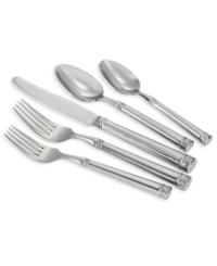Upscale modern detail with quality hollow-handled construction, Monique Lhuillier's Pointe d'Esprit flatware collection exudes sophistication. An intricate bottom band with raised dots and crosshatches gives way to a comfortable oversized handle in brilliant 18/10 stainless steel. Includes a tablespoon, cold meat fork, sugar spoon and butter knife. Upscale modern detail with quality hollow-handled construction, Monique Lhuillier's Pointe d'Esprit flatware collection exudes sophistication. An intricate bottom band with raised dots and crosshatches gives way to a comfortable oversized handle in brilliant 18/10 stainless steel. Includes a tablespoon, cold meat fork, sugar spoon and butter knife.