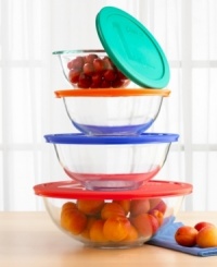 Perfect for virtually every kitchen task - cooking, serving and storage - this set of four covered bowls can go from the freezer to the oven or microwave and straight to the dinner table. Made of durable, impact resistant Pyrex with colorful, tight-fitting lids that lock in freshness. Easy to clean. Two-year warranty. Perfect for virtually every kitchen task - cooking, serving and storage - this set of four covered bowls can go from the freezer to the oven or microwave and straight to the dinner table. Made of durable, impact resistant Pyrex with colorful, tight-fitting lids that lock in freshness. Easy to clean. Two-year warranty.