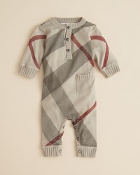 Crafted in the coziest knit cotton, this chunky check-print coverall is about as cute and comfy as it gets. Crafted in the coziest knit cotton, this chunky check-print coverall is about as cute and comfy as it gets.