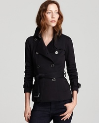 Edgy yet refined, this Burberry Brit jacket flaunts a structured silhouette finished with a leather collar for a hint of punk irony. Team the modern classic with distressed denim for the perfect high/low mix. Edgy yet refined, this Burberry Brit jacket flaunts a structured silhouette finished with a leather collar for a hint of punk irony. Team the modern classic with distressed denim for the perfect high/low mix.