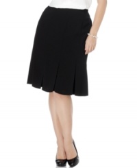 Inverted pleats make this plus size skirt by Kasper extra feminine. The full silhouette looks great with a fitted cami or with a draped-fit blouse tucked in. Inverted pleats make this plus size skirt by Kasper extra feminine. The full silhouette looks great with a fitted cami or with a draped-fit blouse tucked in.