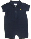 Ralph Lauren Baby Boy Shortalls in Solid Navy Blue, Yellow Pony (6 Months / Mos.)