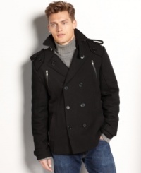 A pea coat that salutes military detail: X-Ray double-breasted jacket with oversized epaulets, shoulder flaps, and zip-up pockets. A pea coat that salutes military detail: X-Ray double-breasted jacket with oversized epaulets, shoulder flaps, and zip-up pockets.