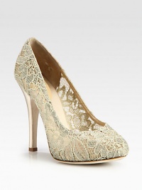 A semi-sheer platform pump rendered in exquisite floral lace with a satin-covered heel. Satin-covered heel, 5 (125mm)Hidden platform, ¾ (20mm)Compares to a 4¼ heel (110mm)Lace and mesh upperLeather lining and solePadded insoleMade in Italy A semi-sheer platform pump rendered in exquisite floral lace with a satin-covered heel. Satin-covered heel, 5 (125mm)Hidden platform, ¾ (20mm)Compares to a 4¼ heel (110mm)Lace and mesh upperLeather lining and solePadded insoleMade in Italy