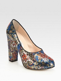 Dazzling multicolored sequins cover this notice-me platform pump with fine leather trim. Self-covered heel, 4½ (115mm)Hidden platform, ½ (15mm)Compares to a 4 heel (100mm)Sequin upper with leather trimLeather lining and solePadded insoleMade in Italy Dazzling multicolored sequins cover this notice-me platform pump with fine leather trim. Self-covered heel, 4½ (115mm)Hidden platform, ½ (15mm)Compares to a 4 heel (100mm)Sequin upper with leather trimLeather lining and solePadded insoleMade in Italy