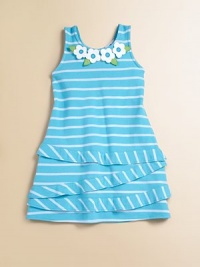 A daisy appliqué and slightly ruffled tiers accent this colorful striped frock.ScoopneckSleevelessBack keyhole button65% polyester/35% cottonMachine washImported A daisy appliqué and slightly ruffled tiers accent this colorful striped frock.ScoopneckSleevelessBack keyhole button65% polyester/35% cottonMachine washImported