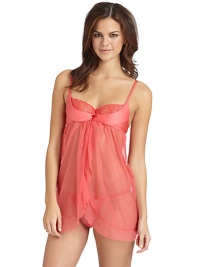 THE LOOKAdjustable shoulder strapsSmooth satin padded cups with underwirePeek-a-boo floral laceCenter bow accentPleated mesh bodyDraped cutaway front with rufflessBack hook-and-eye closureTHE MATERIAL90% polyamide/10% elastaneCARE & ORIGINHand washMade in Italy THE LOOKAdjustable shoulder strapsSmooth satin padded cups with underwirePeek-a-boo floral laceCenter bow accentPleated mesh bodyDraped cutaway front with rufflessBack hook-and-eye closureTHE MATERIAL90% polyamide/10% elastaneCARE & ORIGINHand washMade in Italy