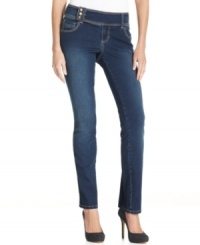 Style&co. gives these dark-wash skinny jeans some extra oomph with the addition of a triple-button tab at the waist. Tuck in a tank and play up the look! Style&co. gives these dark-wash skinny jeans some extra oomph with the addition of a triple-button tab at the waist. Tuck in a tank and play up the look!