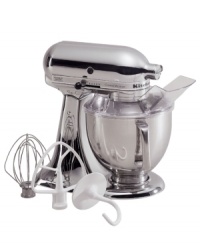 Stylish and utilitarian to boot, the KitchenAid® Custom Metallic Artisan series boasts three high-quality metal finishes, including chrome, brushed nickel and satin copper. This appliance features a styled tilting head and an ergonomically designed handle on the mixing bowl. The powerful 325 watt motor and a larger, 5-quart capacity stainless steel bowl easily handles all your mixing needs. Includes pouring shield, flat beater, 'c' dough hook and wire whip. Carries KitchenAid's hassle-free total replacement warranty as well as a 1-year full warranty. Model KSM152P. Qualifies for Rebate Stylish and utilitarian to boot, the KitchenAid® Custom Metallic Artisan series boasts three high-quality metal finishes, including chrome, brushed nickel and satin copper. This appliance features a styled tilting head and an ergonomically designed handle on the mixing bowl. The powerful 325 watt motor and a larger, 5-quart capacity stainless steel bowl easily handles all your mixing needs. Includes pouring shield, flat beater, 'c' dough hook and wire whip. Carries KitchenAid's hassle-free total replacement warranty as well as a 1-year full warranty. Model KSM152P. Qualifies for Rebate