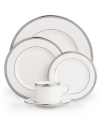 Metropolitan sensibility and modern design combine in Lenox's understated white bone china dinnerware and dishes collection. Platinum gild along the edge is enhanced by a clean, platinum geometric pattern reminiscent of architectural accents. Accent plates from the Murray Hill place settings collection feature the geometric pattern along the interior verge, with a thin platinum band along the outer rim. Metropolitan sensibility and modern design combine in Lenox's understated white bone china dinnerware and dishes collection. Platinum gild along the edge is enhanced by a clean, platinum geometric pattern reminiscent of architectural accents. Accent plates from the Murray Hill place settings collection feature the geometric pattern along the interior verge, with a thin platinum band along the outer rim.