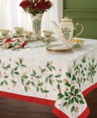 Start a new Christmas tradition with the Holiday tablecloth from Lenox. A lavish holly motif embellished with gold leaves and bright red trim captivates everyone around your table. Use with Holiday dinnerware to create an exceptionally festive setting.