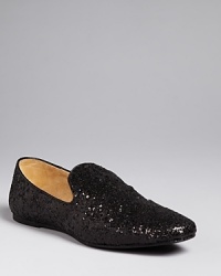 In shimmering black glitter, Ted Baker's smoking flats lend chic sparkle. In shimmering black glitter, Ted Baker's smoking flats lend chic sparkle.