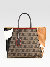 Iconic signature jacquard flanked by dual tone hair calf with leather trim.Double leather top handles, 6½ dropSnap strap closure with center strapOne inside zip pocketFully lined15W X 13½H X 5DMade in Italy Iconic signature jacquard flanked by dual tone hair calf with leather trim.Double leather top handles, 6½ dropSnap strap closure with center strapOne inside zip pocketFully lined15W X 13½H X 5DMade in Italy