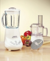 Two indispensable kitchen appliances in one, the Cuisinart food processor and blender will do all your slicing, dicing, shredding, and mixing for you. 40 oz. glass dripless pour spout jar. Ice crush button with pulse at any speed. 3-cup capacity work bowl with cover, feed tube, and pusher Stainless steel chopping blade. Reversible slicing/shredding disc. 7 speed. Style BFP-703. Two indispensable kitchen appliances in one, the Cuisinart food processor and blender will do all your slicing, dicing, shredding, and mixing for you. 40 oz. glass dripless pour spout jar. Ice crush button with pulse at any speed. 3-cup capacity work bowl with cover, feed tube, and pusher Stainless steel chopping blade. Reversible slicing/shredding disc. 7 speed. Style BFP-703.