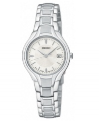 Smooth, classic and always in style. This Seiko watch features a brushed and polished stainless steel bracelet and round dial. Silvertone dial with logo, date window and silvertone stick indices. Analog movement. Water resistant to 30 meters. Three-year limited warranty. Smooth, classic and always in style. This Seiko watch features a brushed and polished stainless steel bracelet and round dial. Silvertone dial with logo, date window and silvertone stick indices. Analog movement. Water resistant to 30 meters. Three-year limited warranty.