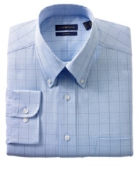 A timeless glen plaid and a cool color combination combine with easy care fabric to make this Club room button-down a reliable part of your workweek rotation. A timeless glen plaid and a cool color combination combine with easy care fabric to make this Club room button-down a reliable part of your workweek rotation.