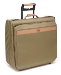 Today's traveler needs a wardrobe at the ready - and this piece carries everything in sleek style. Constructed of lightweight and durable ballistic nylon, garment bag features full-grain leather trim and a finish in antique brass or matte black nickel hardware. Exclusive MT2 Technology provides exceptionally strong wheels, handle and frame. Today's traveler needs a wardrobe at the ready - and this piece carries everything in sleek style. Constructed of lightweight and durable ballistic nylon, garment bag features full-grain leather trim and a finish in antique brass or matte black nickel hardware. Exclusive MT2 Technology provides exceptionally strong wheels, handle and frame.