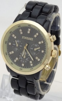 Finesse Quartz Chronograph Look Black Plastic Band Gold Case with Rhinestone Finesse Quartz Chronograph Look Black Plastic Band Gold Case with Rhinestone
