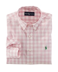 Cut for a trim, modern fit from silky cotton poplin, a long-sleeved sport shirt exudes masculine polish in preppy gingham checks. Cut for a trim, modern fit from silky cotton poplin, a long-sleeved sport shirt exudes masculine polish in preppy gingham checks.