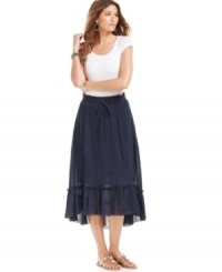Bring back bohemian chic in NY Collection's crinkled midi skirt. The high-low hem makes it a fresh twist on a classic favorite. Bring back bohemian chic in NY Collection's crinkled midi skirt. The high-low hem makes it a fresh twist on a classic favorite.