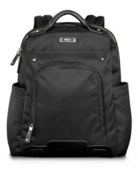 Tumi has your back-packed with style & sophistication, this sporty upgrade combines dependable durability with professional, feminine detailing. Classic embossed leather trim defines the exterior, while a collapsible laptop pocket, removable accessory pouch, organizer pockets & more create an always prepared interior. 5-year warranty. Tumi has your back-packed with style & sophistication, this sporty upgrade combines dependable durability with professional, feminine detailing. Classic embossed leather trim defines the exterior, while a collapsible laptop pocket, removable accessory pouch, organizer pockets & more create an always prepared interior. 5-year warranty.