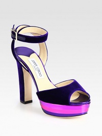Frosted metallic leather in vibrant hues lifts this forget-me-not velvet silhouette. Velvet-covered heel, 4¾ (120mm)Metallic leather platform, 1¼ (30mm)Compares to a 3½ heel (90mm)Velvet upperAdjustable ankle strapLeather lining and solePadded insoleMade in Italy Frosted metallic leather in vibrant hues lifts this forget-me-not velvet silhouette. Velvet-covered heel, 4¾ (120mm)Metallic leather platform, 1¼ (30mm)Compares to a 3½ heel (90mm)Velvet upperAdjustable ankle strapLeather lining and solePadded insoleMade in Italy