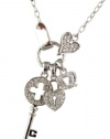 Silver Rhodium Plated Juicy Inspired Crystal Pavé Heart Shaped Padlock, Crown and Key Charm Couture Necklace