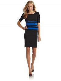 THE LOOKElbow length sleevesStriped colorblock panelExposed back zip with hook-and-eye closureTHE FITAbout 35 from shoulder to hemTHE MATERIAL87% viscose/13% spandexCARE & ORIGINDry cleanImportedModel shown is 5'10 (177cm) wearing US size Small. THE LOOKElbow length sleevesStriped colorblock panelExposed back zip with hook-and-eye closureTHE FITAbout 35 from shoulder to hemTHE MATERIAL87% viscose/13% spandexCARE & ORIGINDry cleanImportedModel shown is 5'10 (177cm) wearing US size Small.